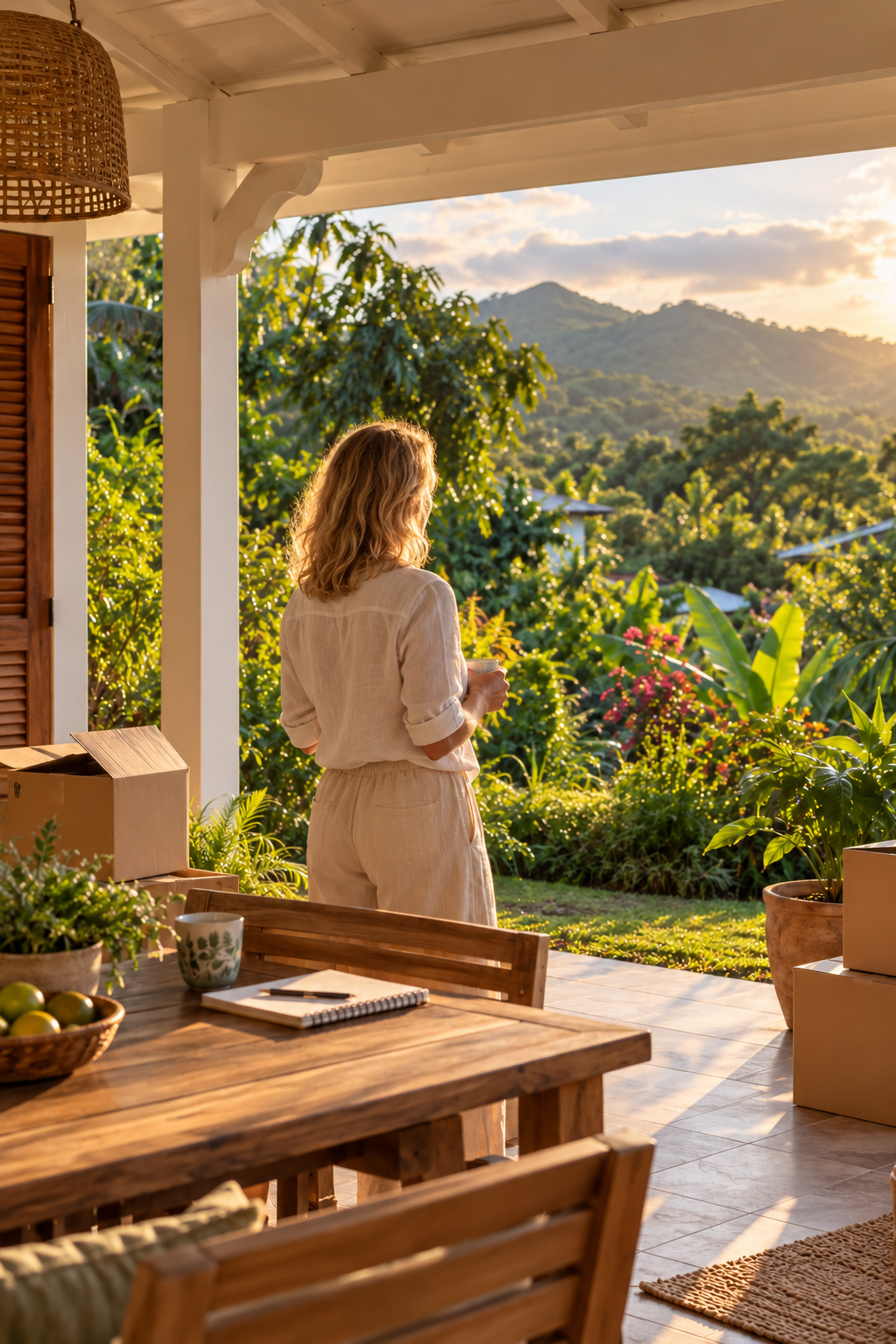 Une femme contemple le jardin tropical de sa nouvelle maison en Guadeloupe